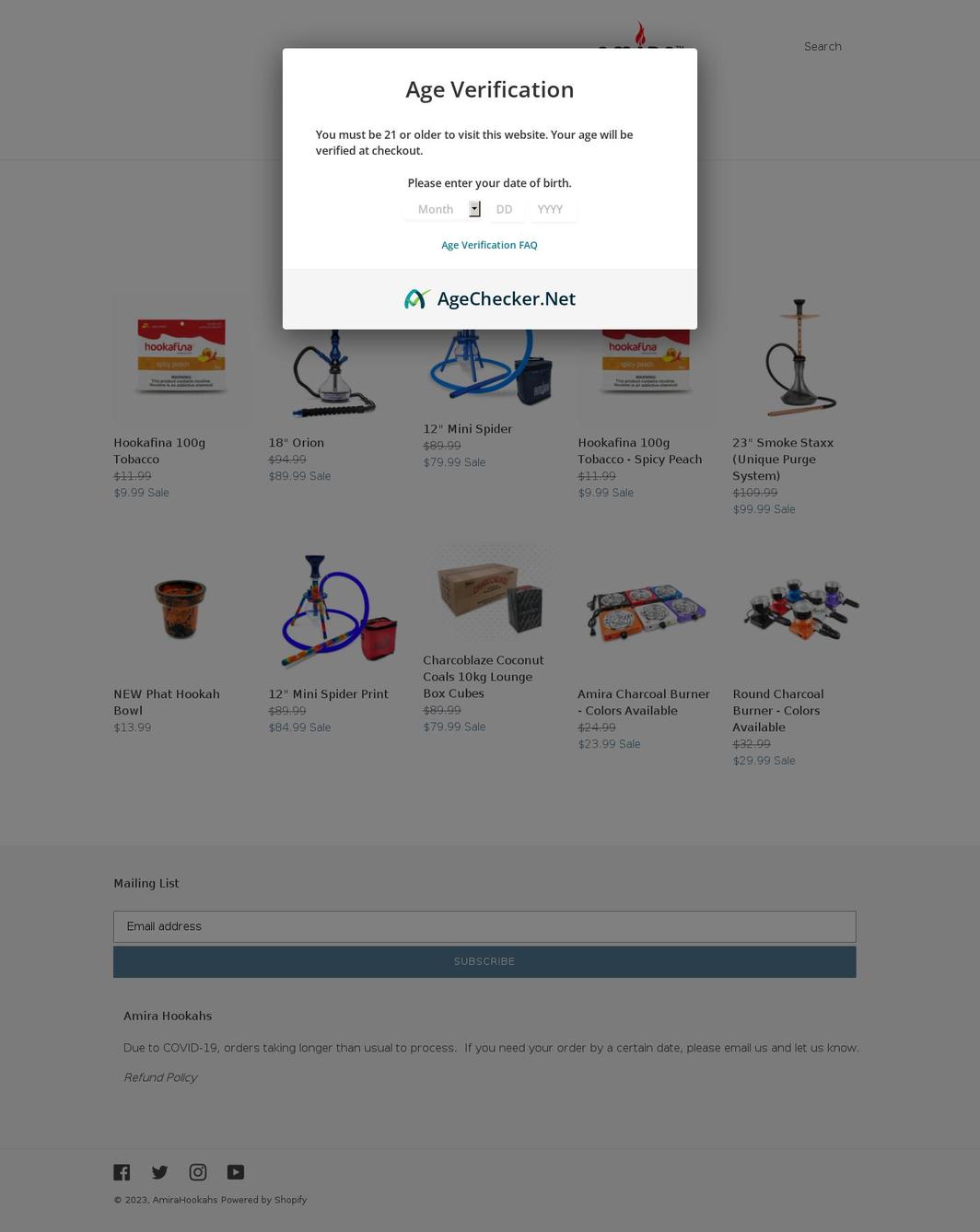 amirahookahs.com shopify website screenshot