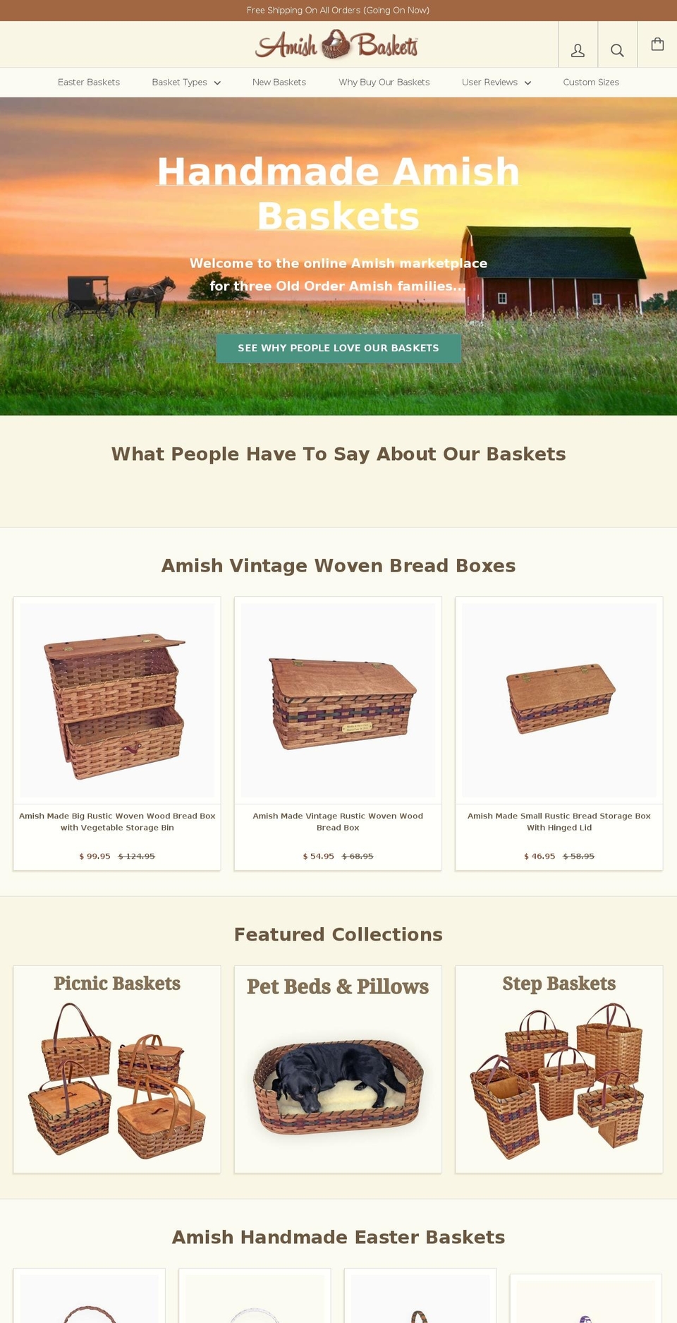 amishbaskets.com shopify website screenshot