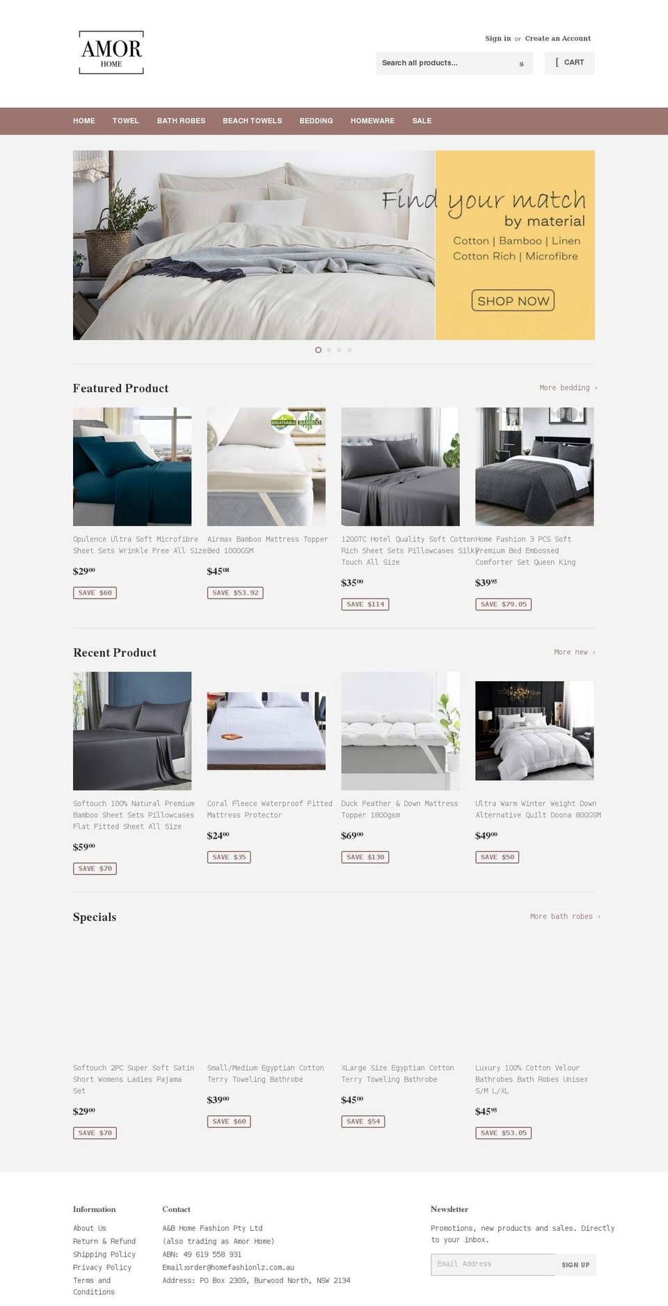amorhome.com.au shopify website screenshot