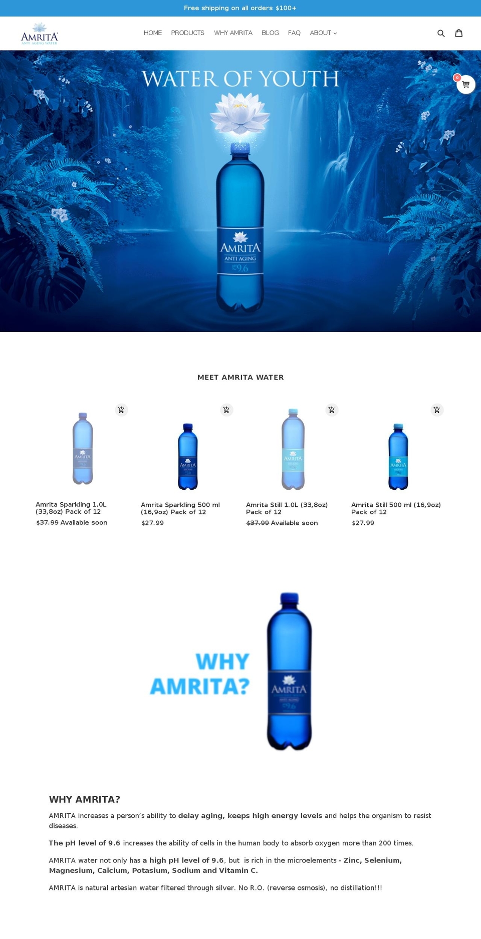 amrita-water.com shopify website screenshot