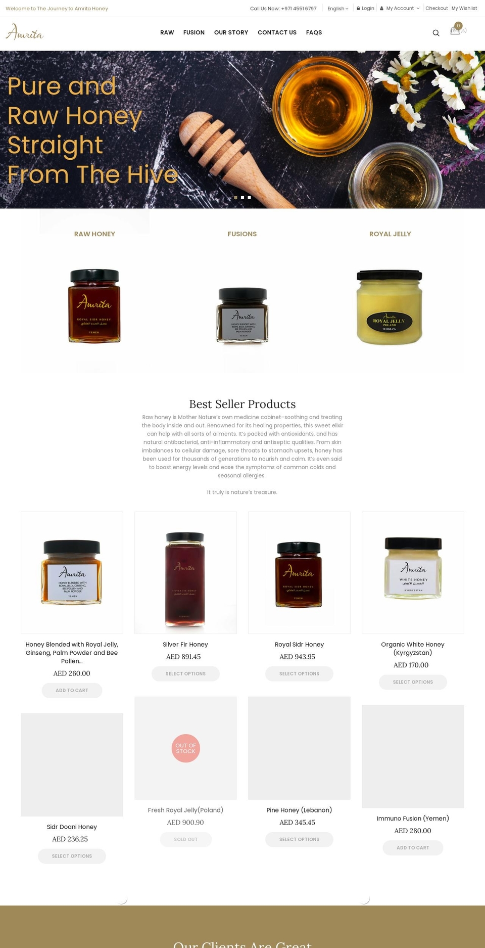 amritahoney.com shopify website screenshot