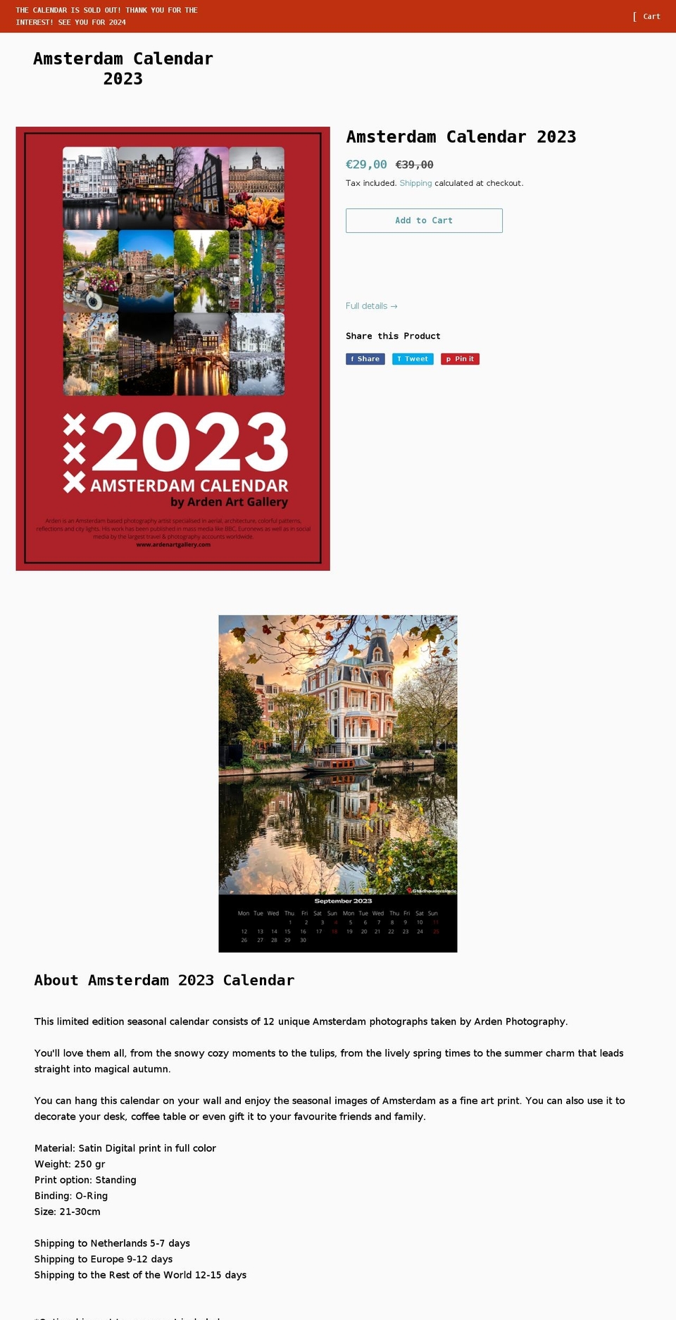 amsterdamcalendar.com shopify website screenshot