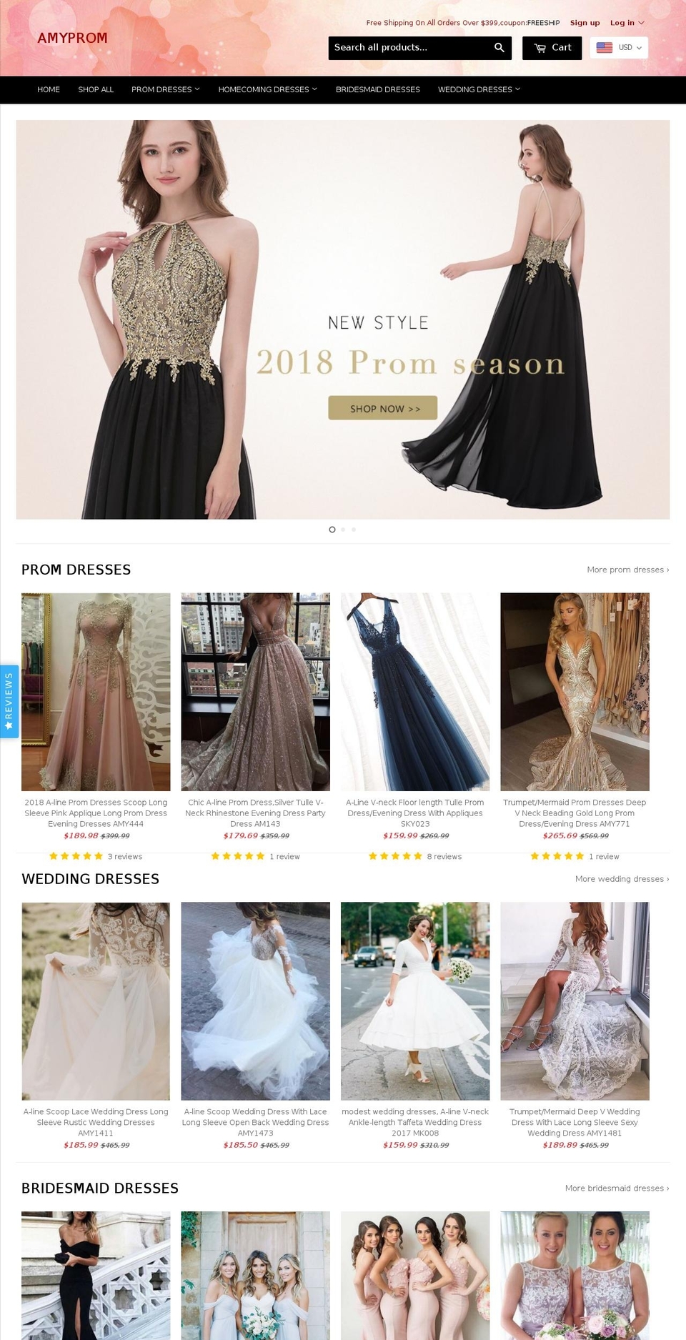 amyprom.com — Shopify storefront screenshot