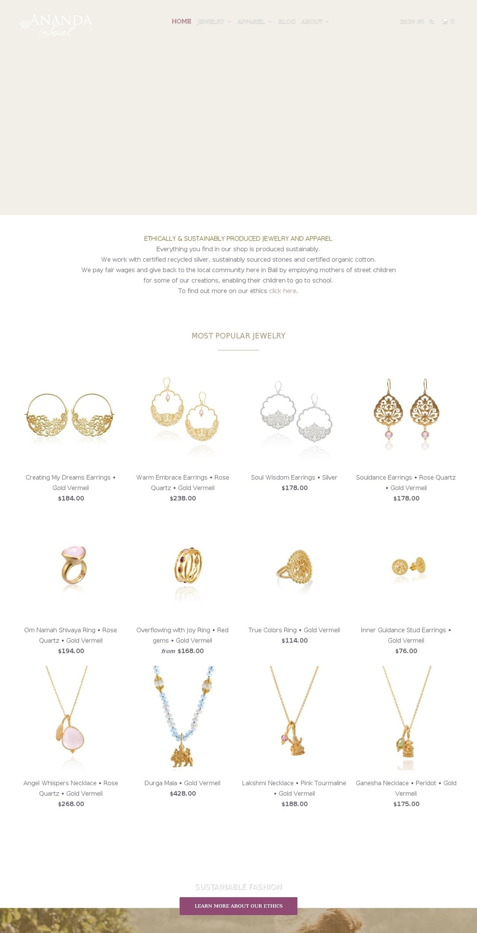 anandasoul.com shopify website screenshot