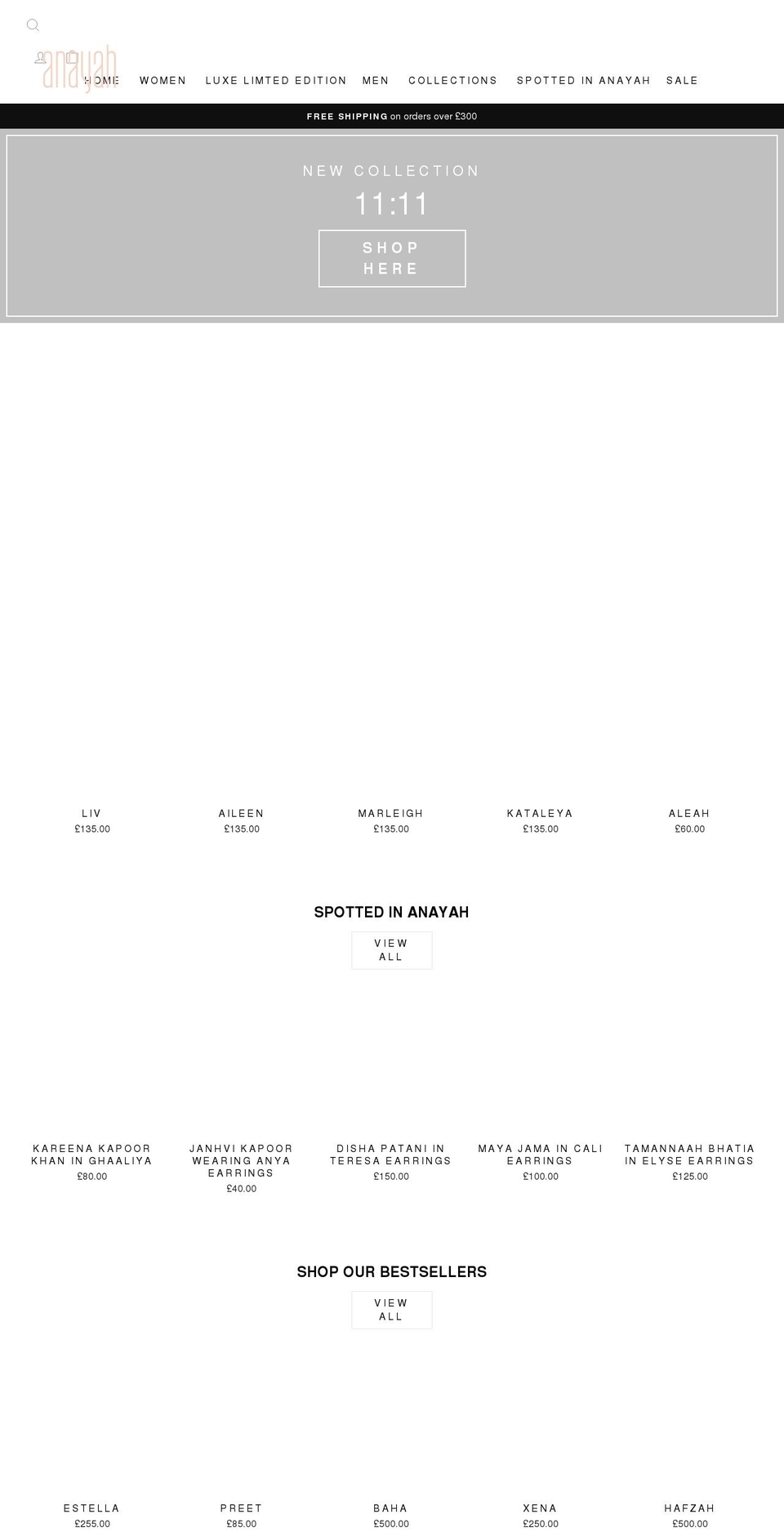 anayahjewellery.com shopify website screenshot