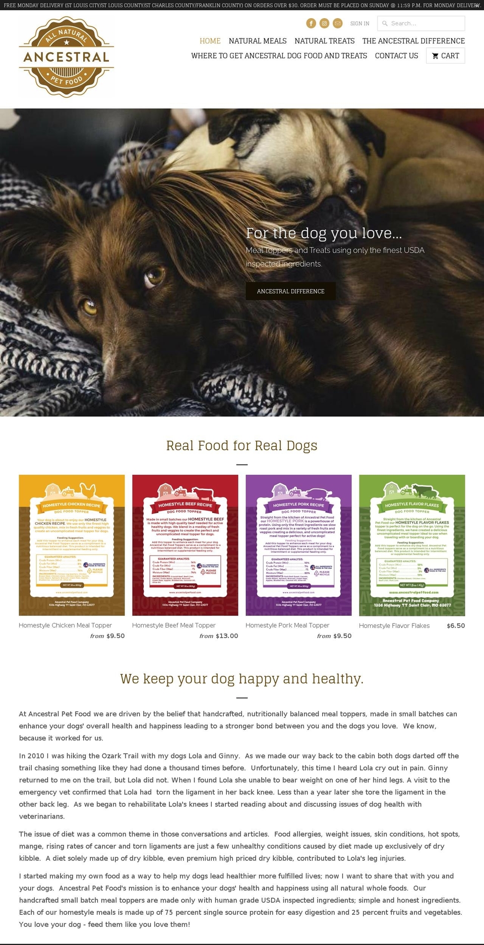 ancestraldogfood.com — Shopify storefront screenshot