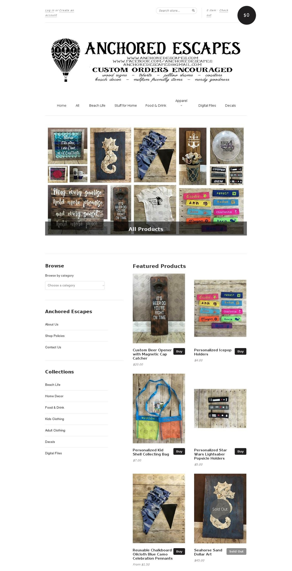 anchoredescapes.com — Shopify storefront screenshot