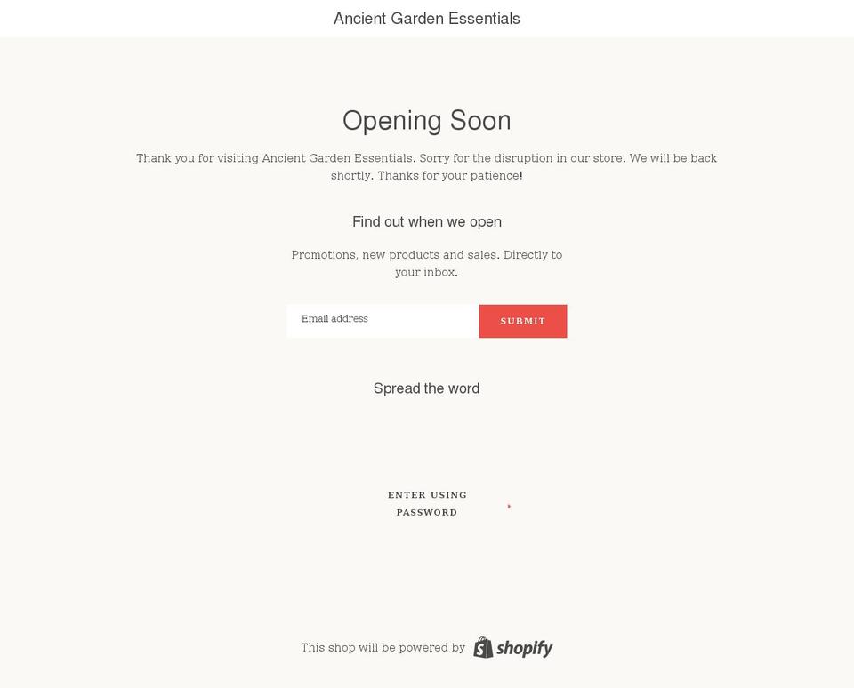 ancientgardenessentials.com shopify website screenshot