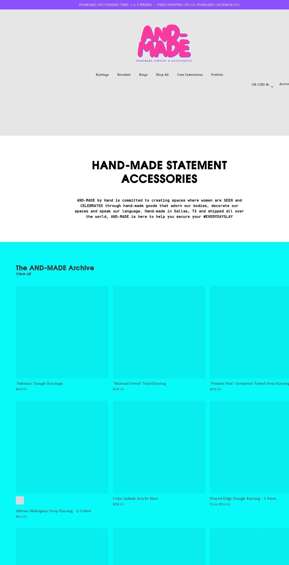 andmadebyhand.com shopify website screenshot
