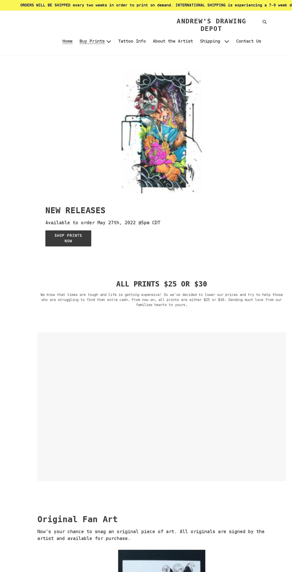 andrewsdrawingdepot.com shopify website screenshot