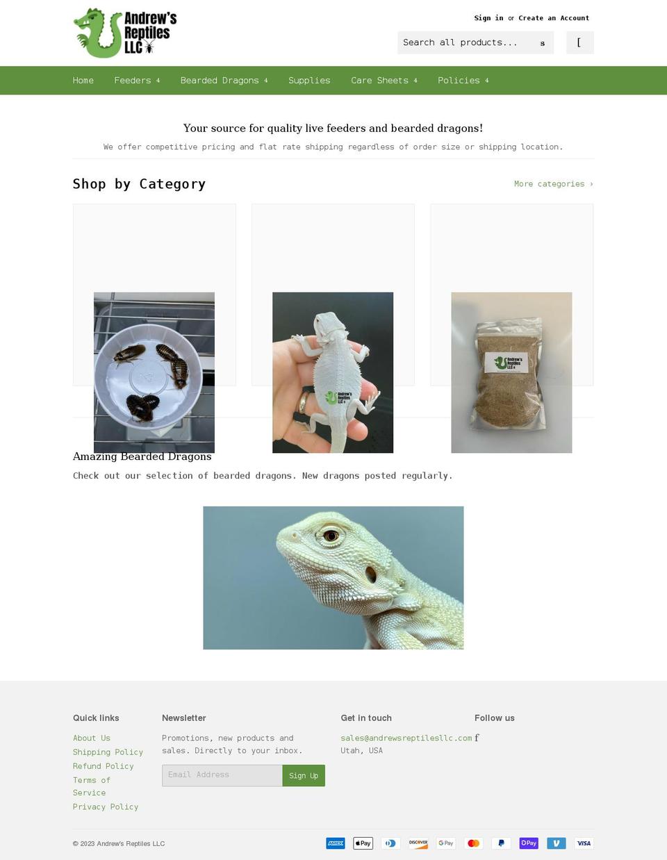 andrewsreptilesllc.com shopify website screenshot