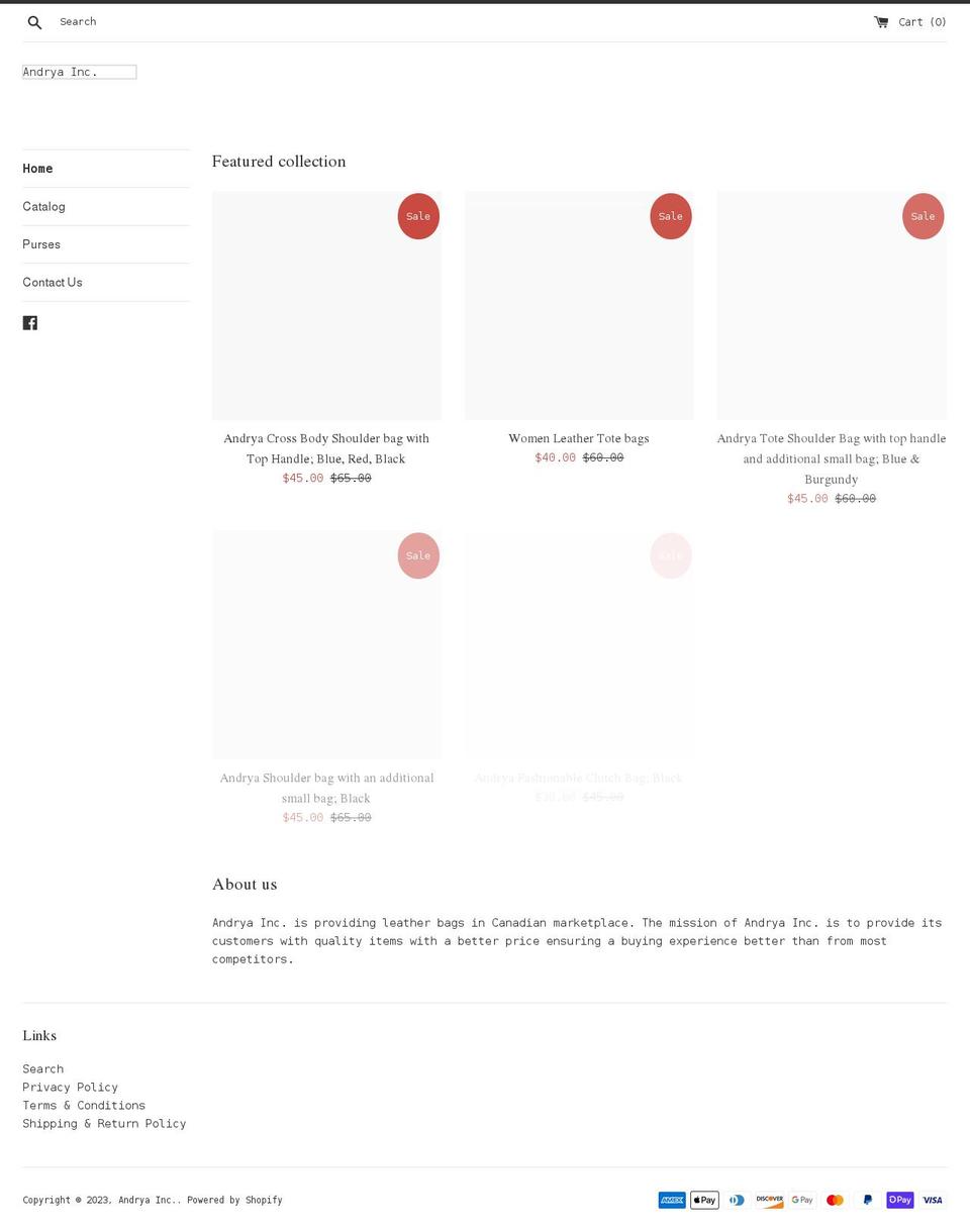 andryainc.com shopify website screenshot