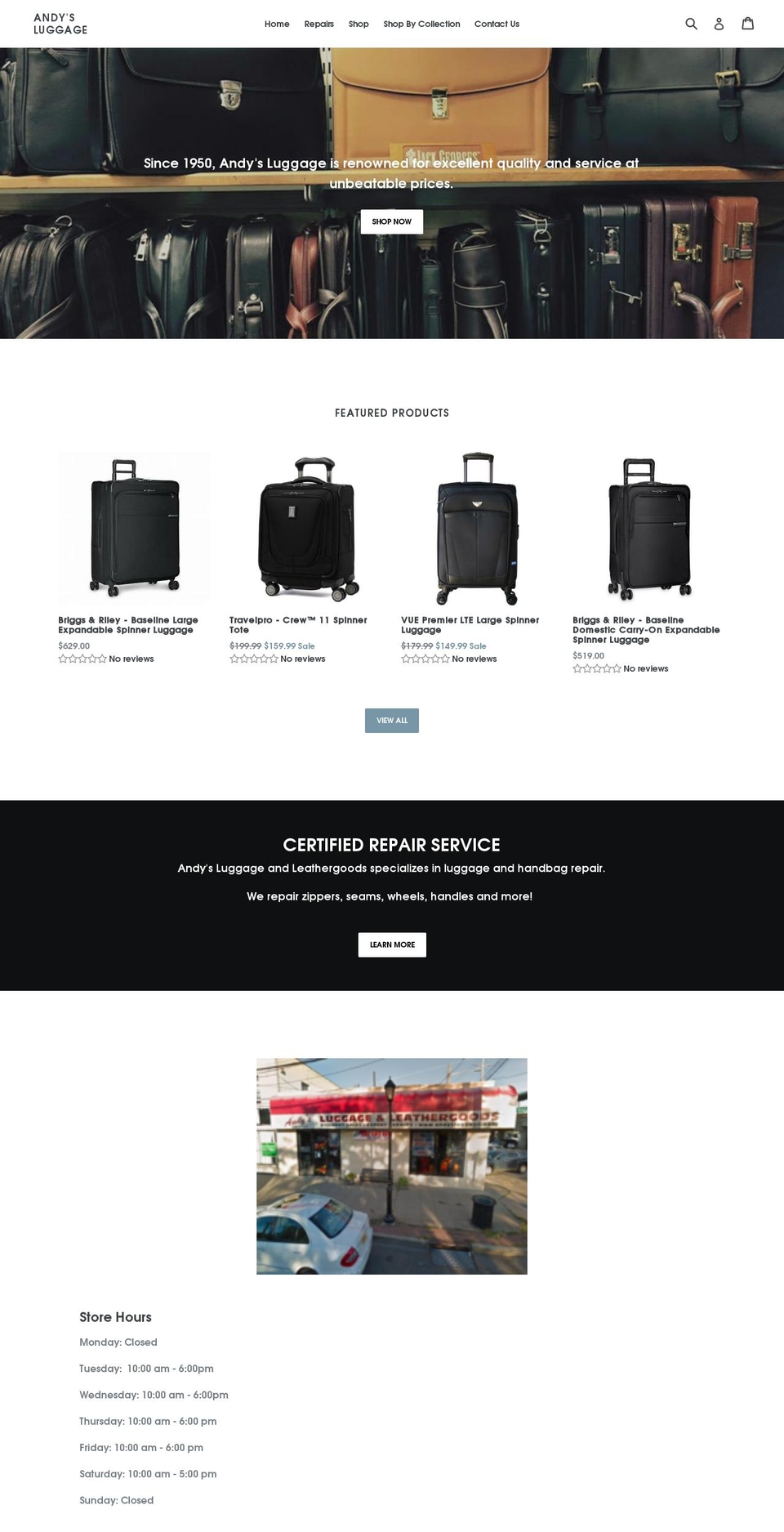 andysluggage.com shopify website screenshot