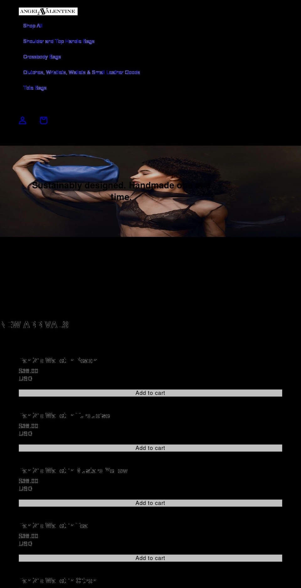 angelavalentinehandbags.com shopify website screenshot
