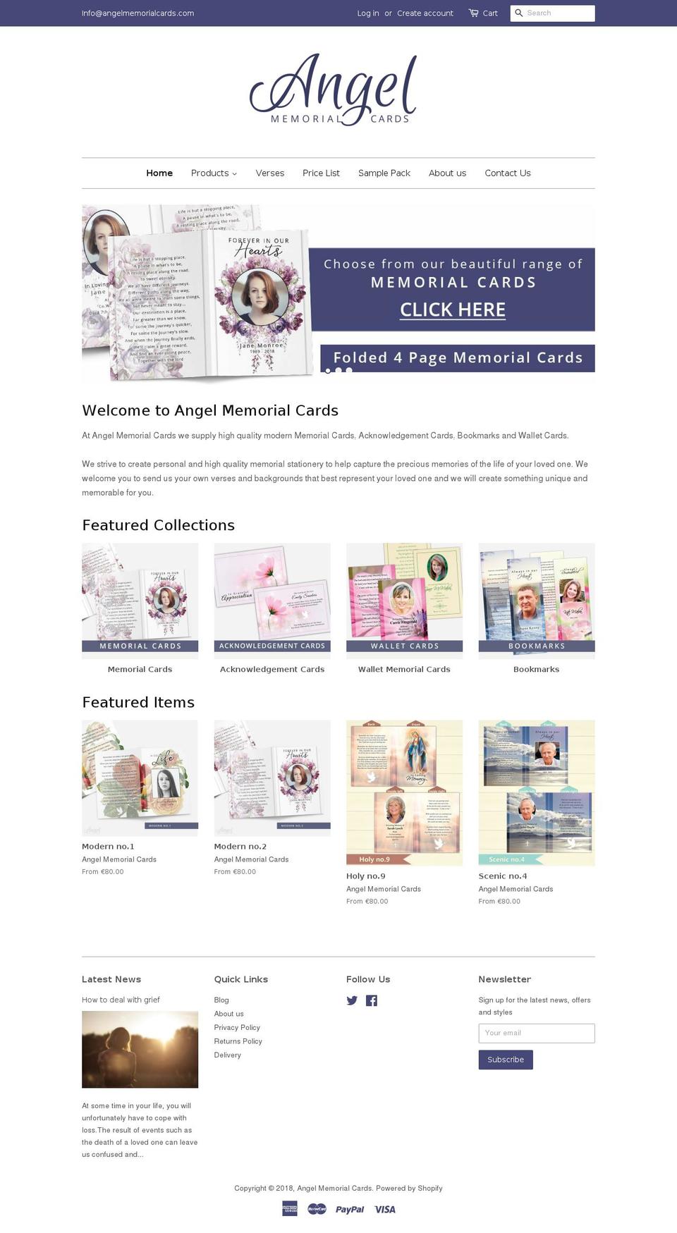 angelmemorialcards.com shopify website screenshot