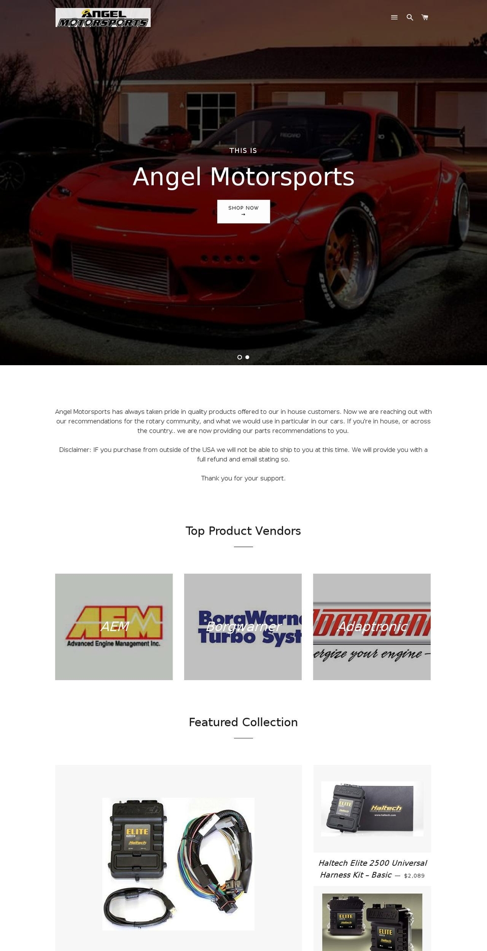 angelmotorsports.com shopify website screenshot