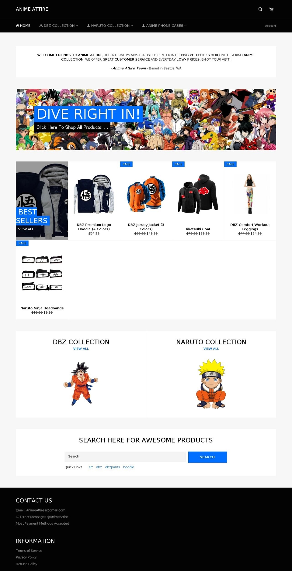 animeattire.com shopify website screenshot