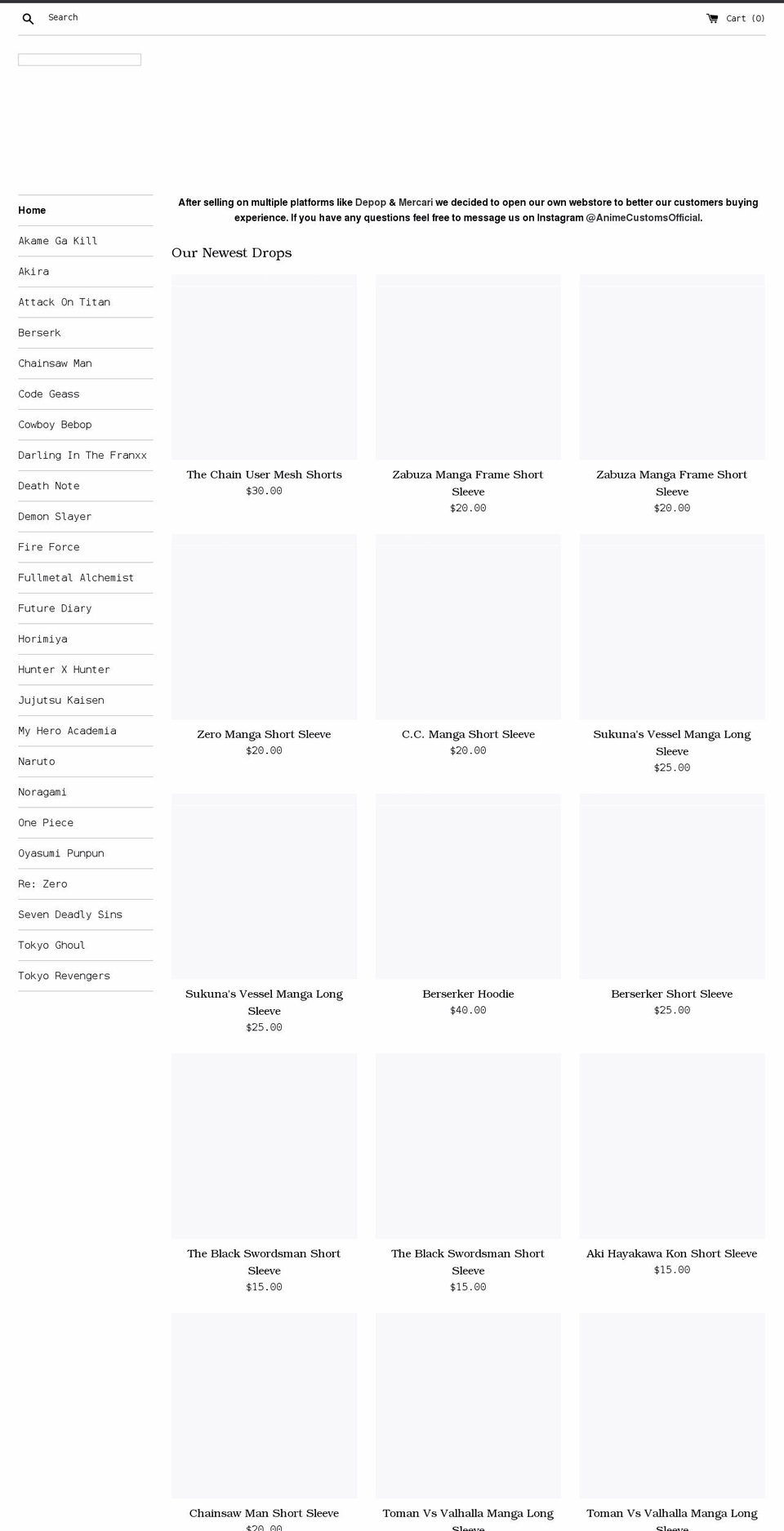animecustoms.com shopify website screenshot