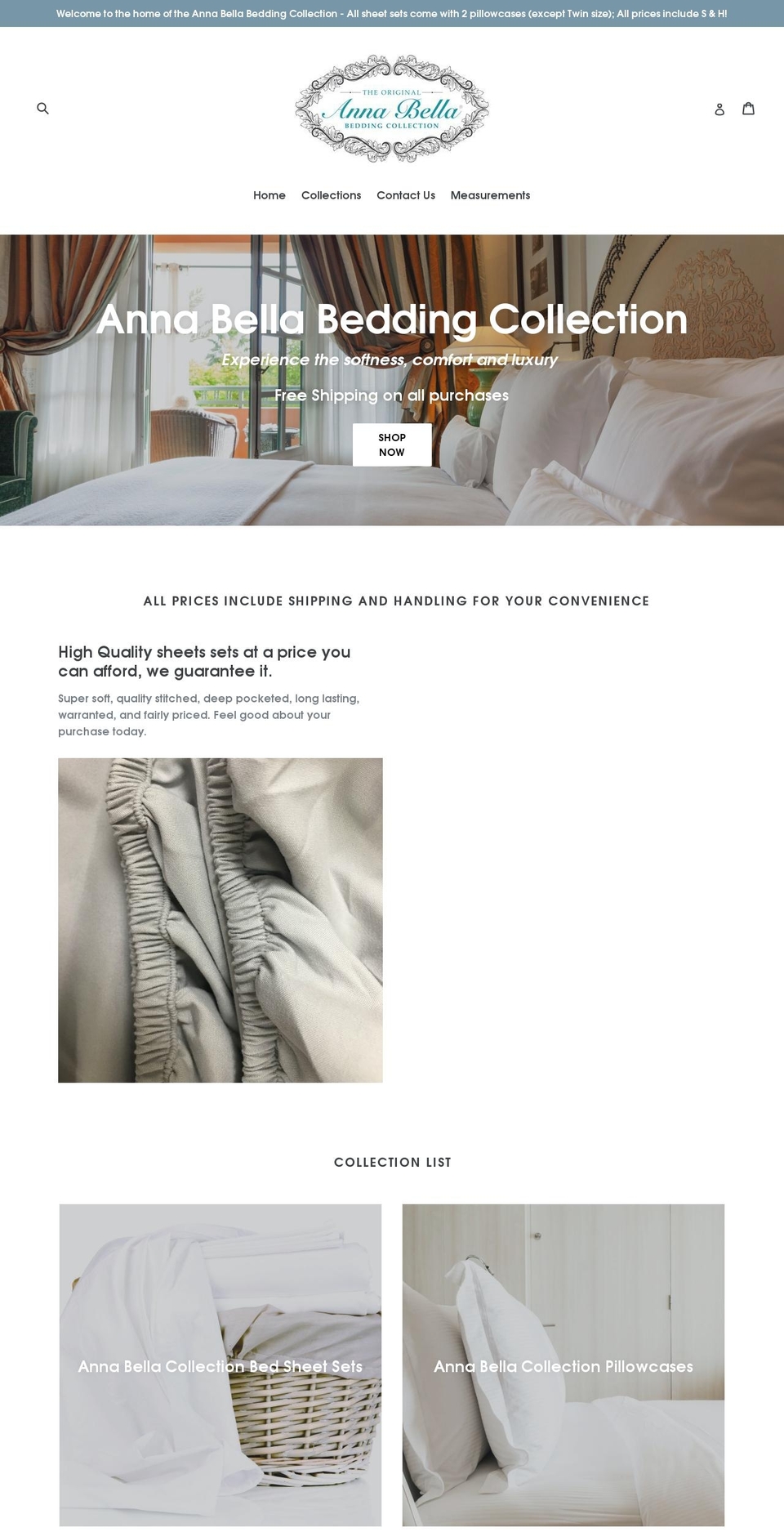 annabellasheets.com — Shopify storefront screenshot
