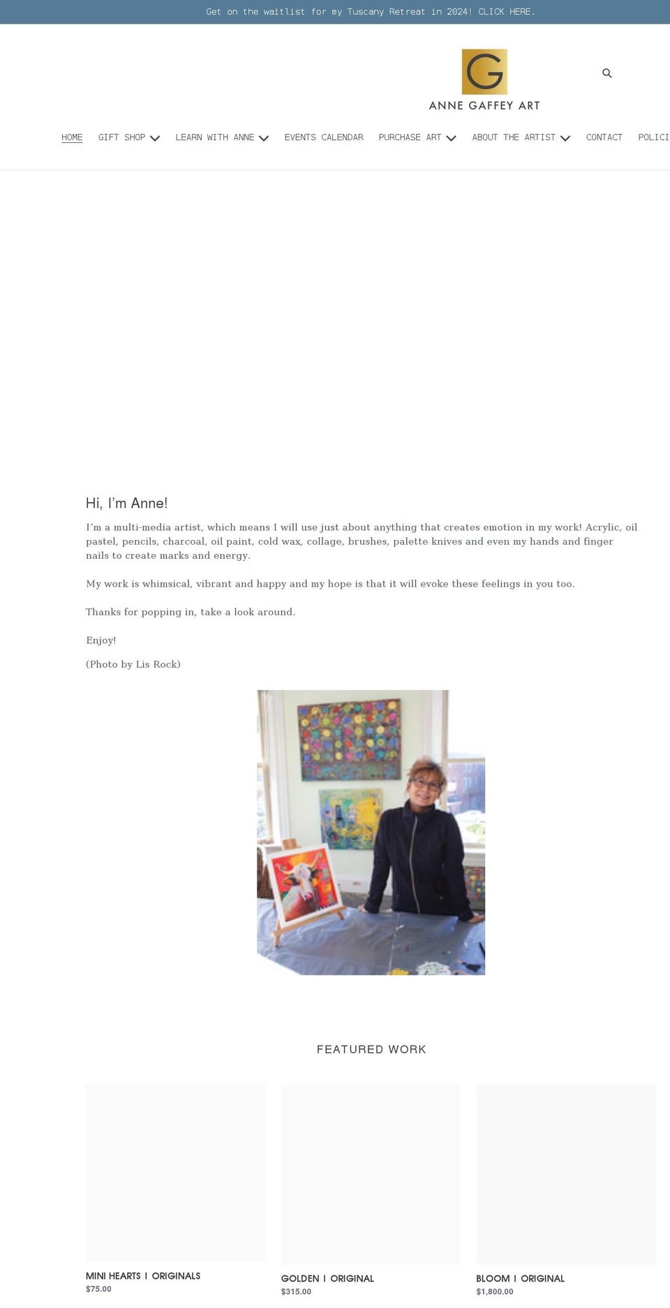 annegaffeyart.com shopify website screenshot