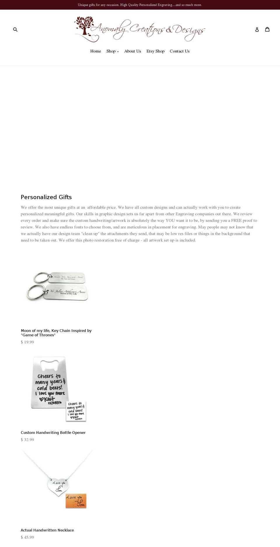 anomalycreationsanddesigns.com shopify website screenshot