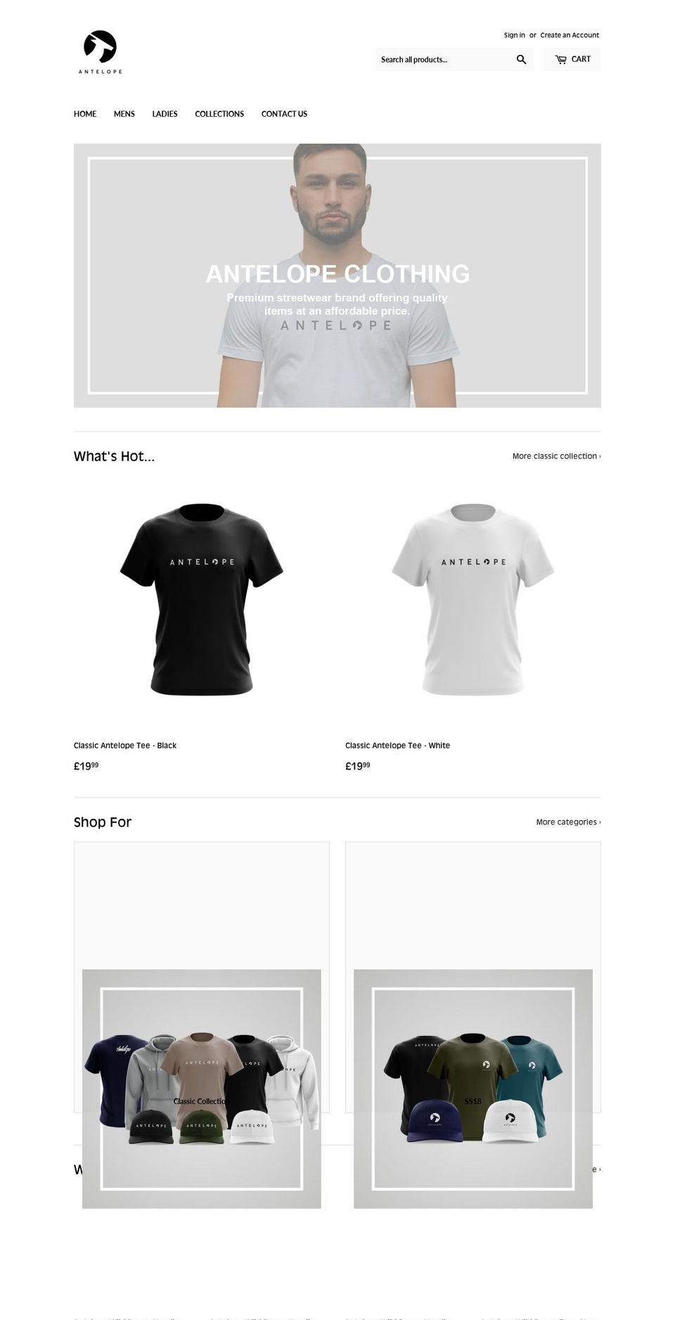 antelopeclothing.com — Shopify storefront screenshot