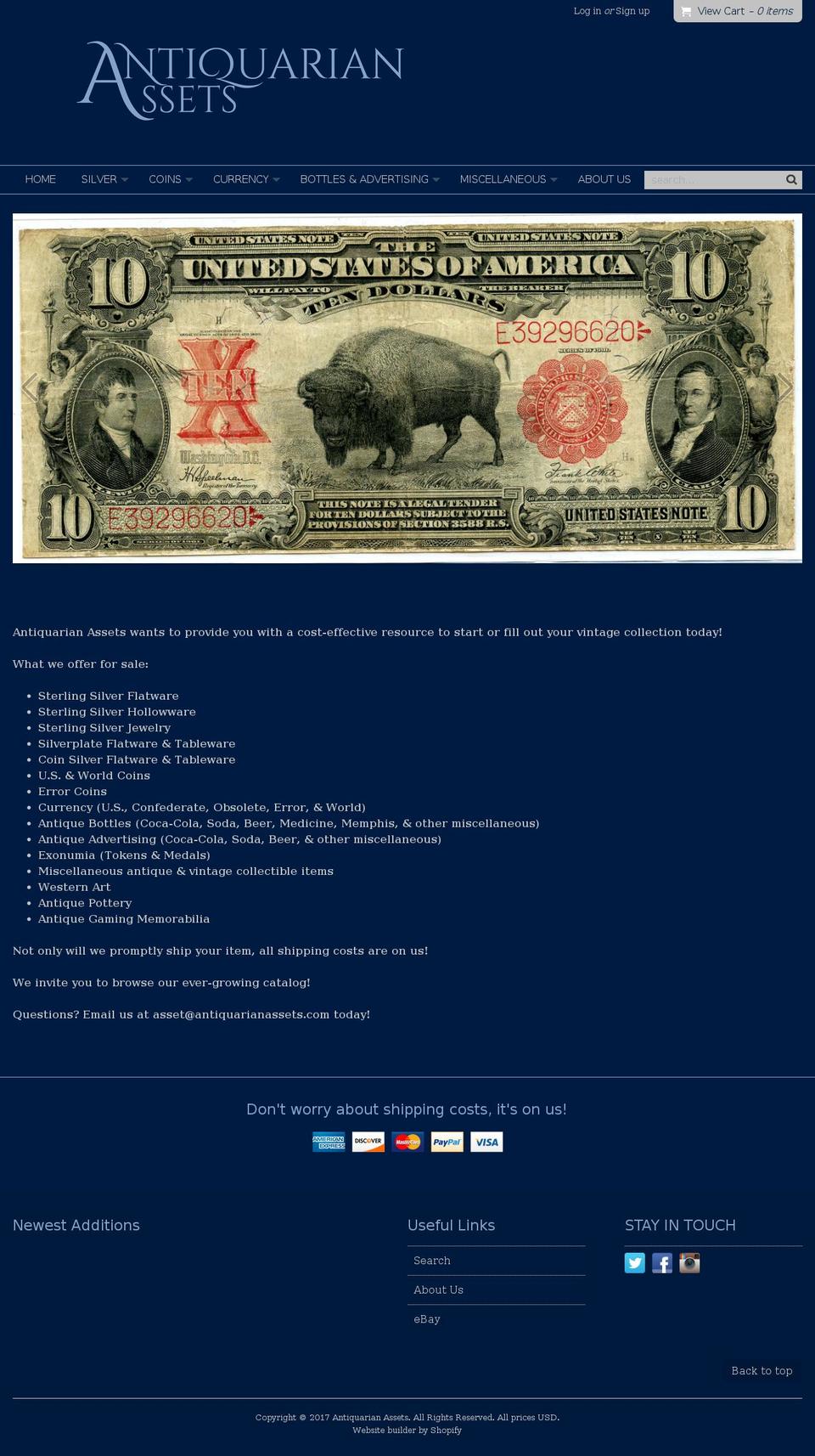 antiquarianassets.net shopify website screenshot