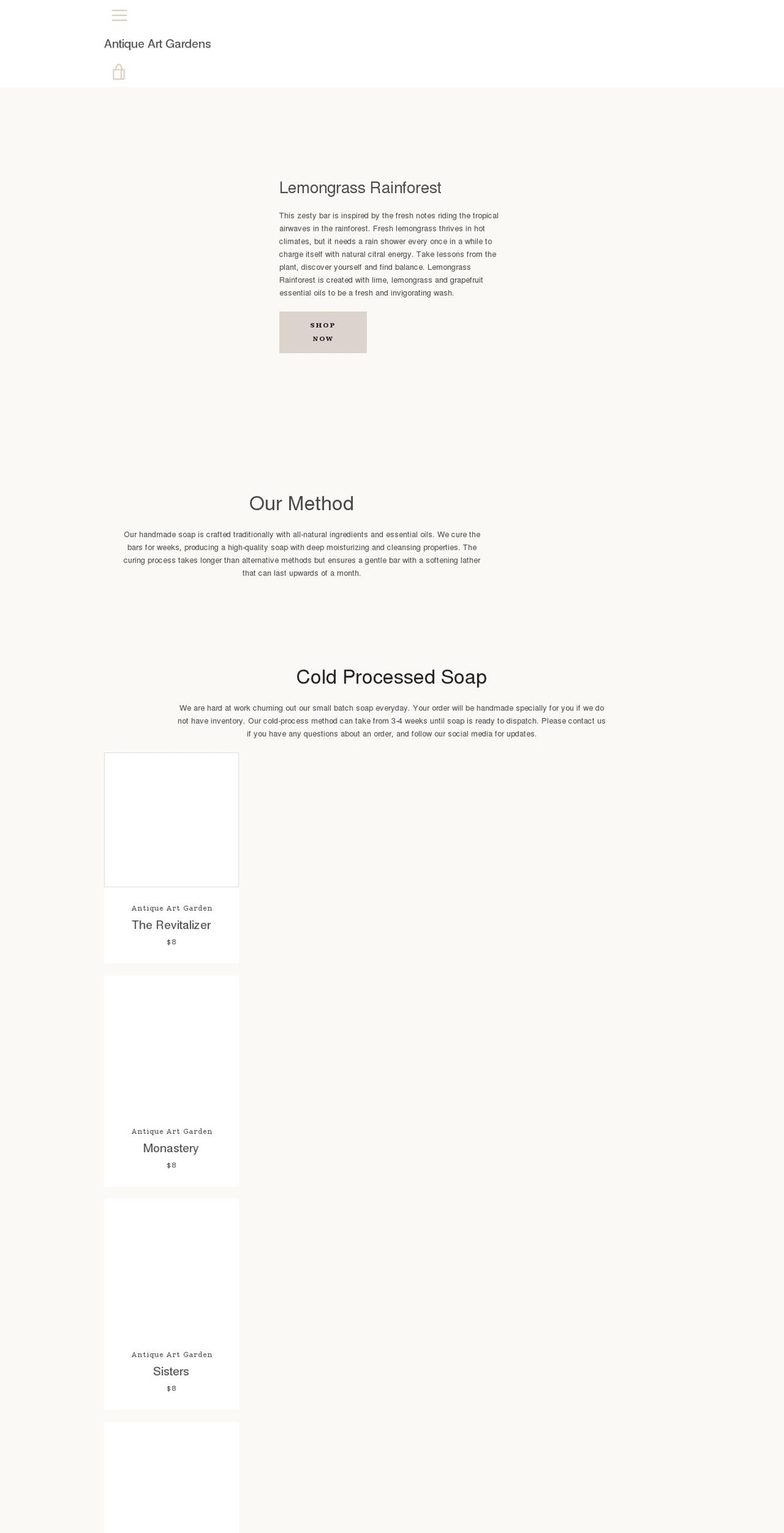 antiqueartgardens.com shopify website screenshot