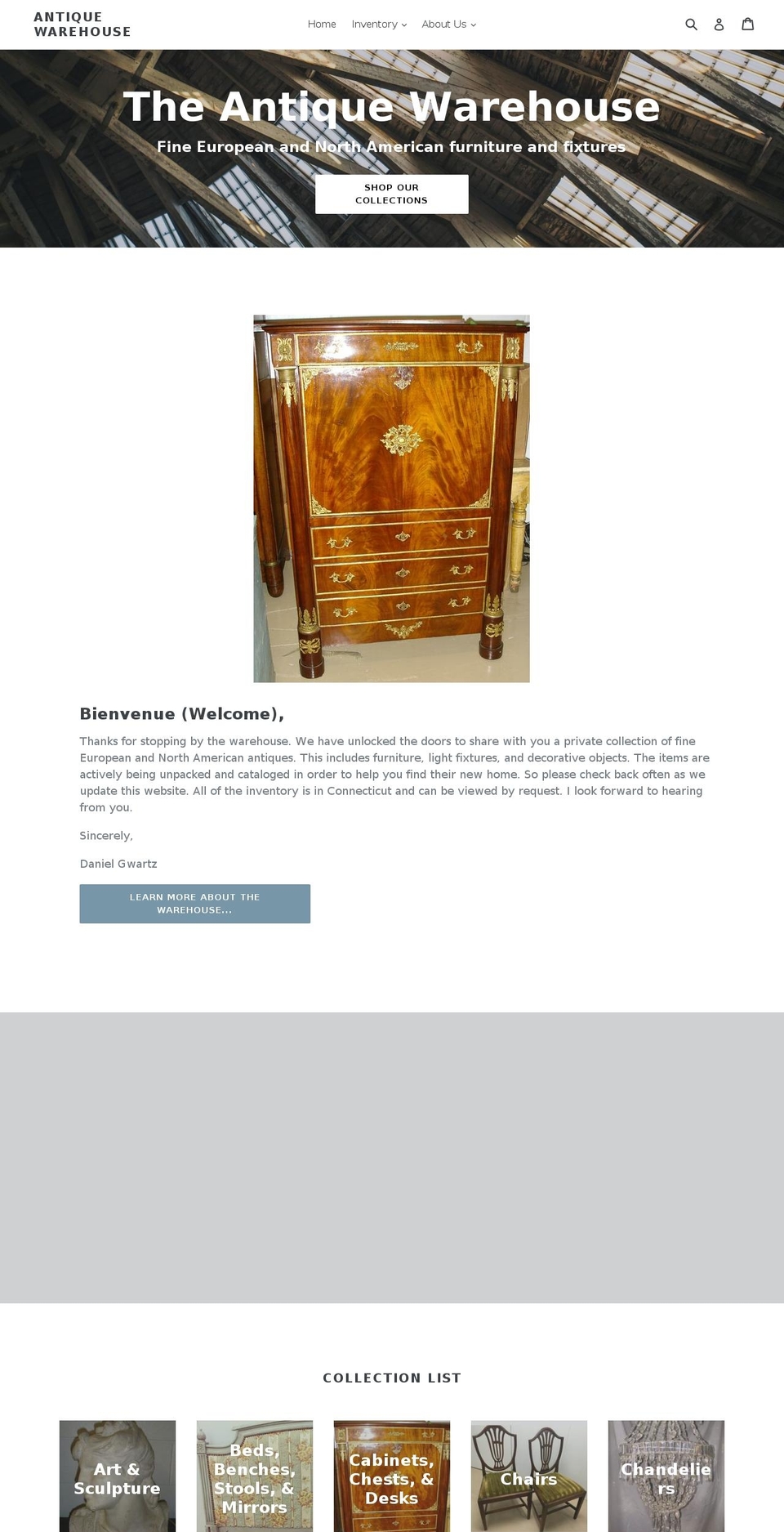 antiquewarehousect.com — Shopify storefront screenshot