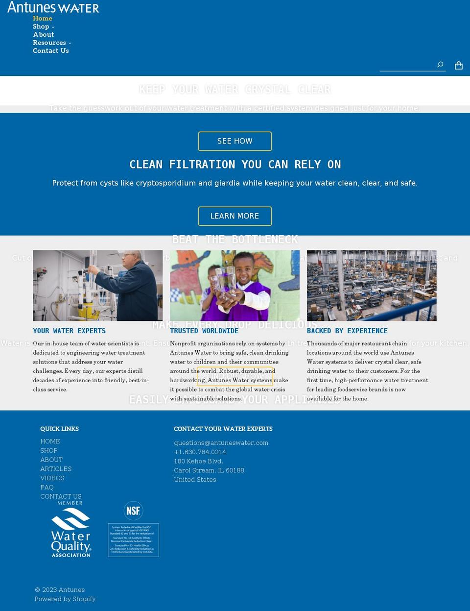 antuneswater.com shopify website screenshot