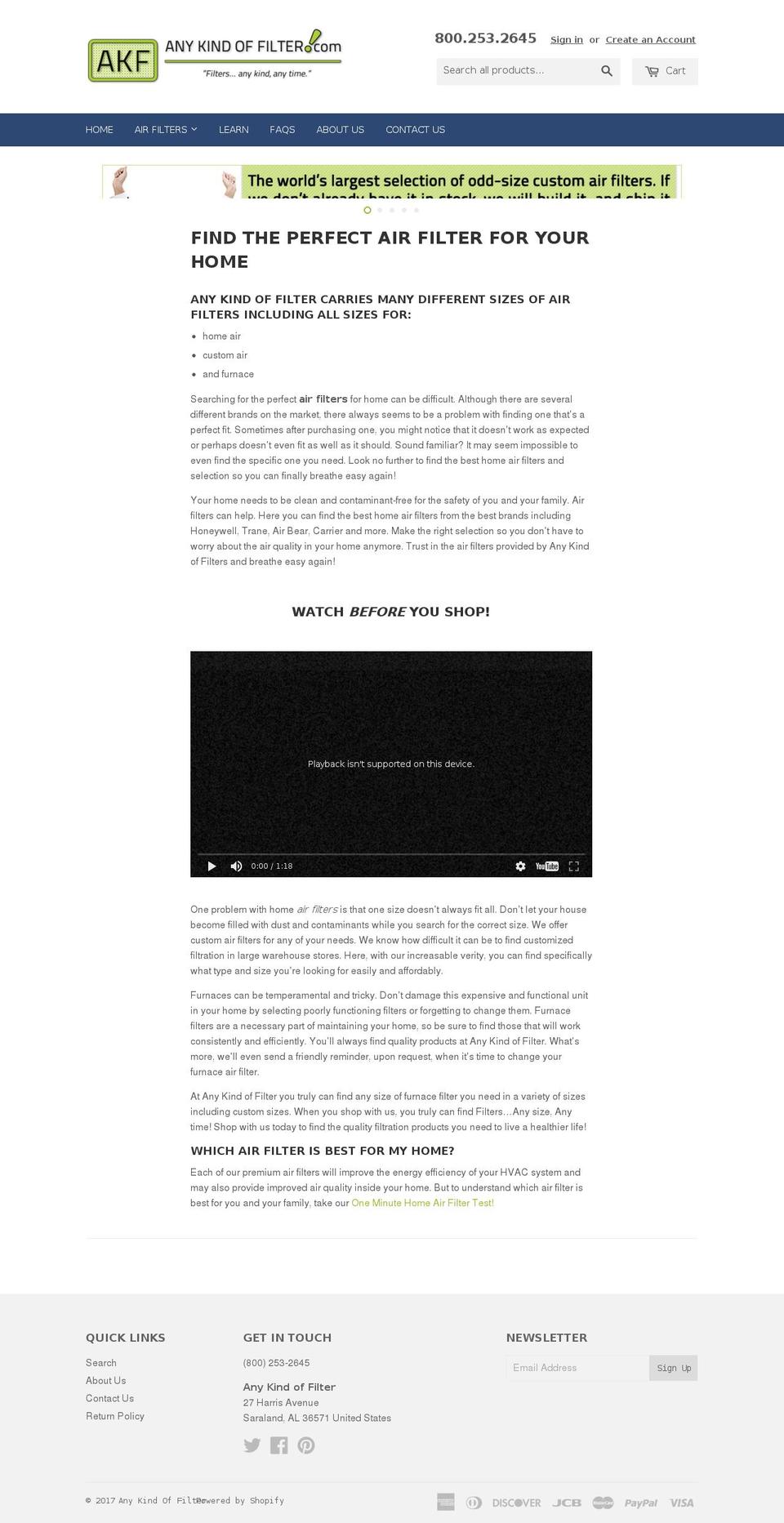 anykindoffilter.com shopify website screenshot