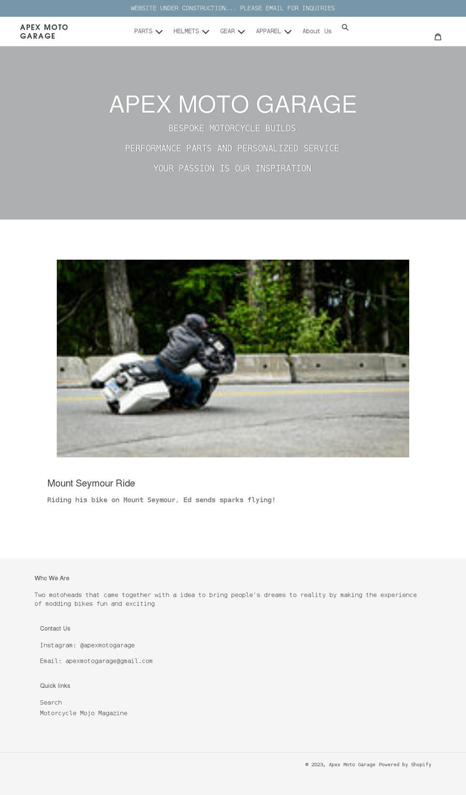 apexmotogarage.com shopify website screenshot
