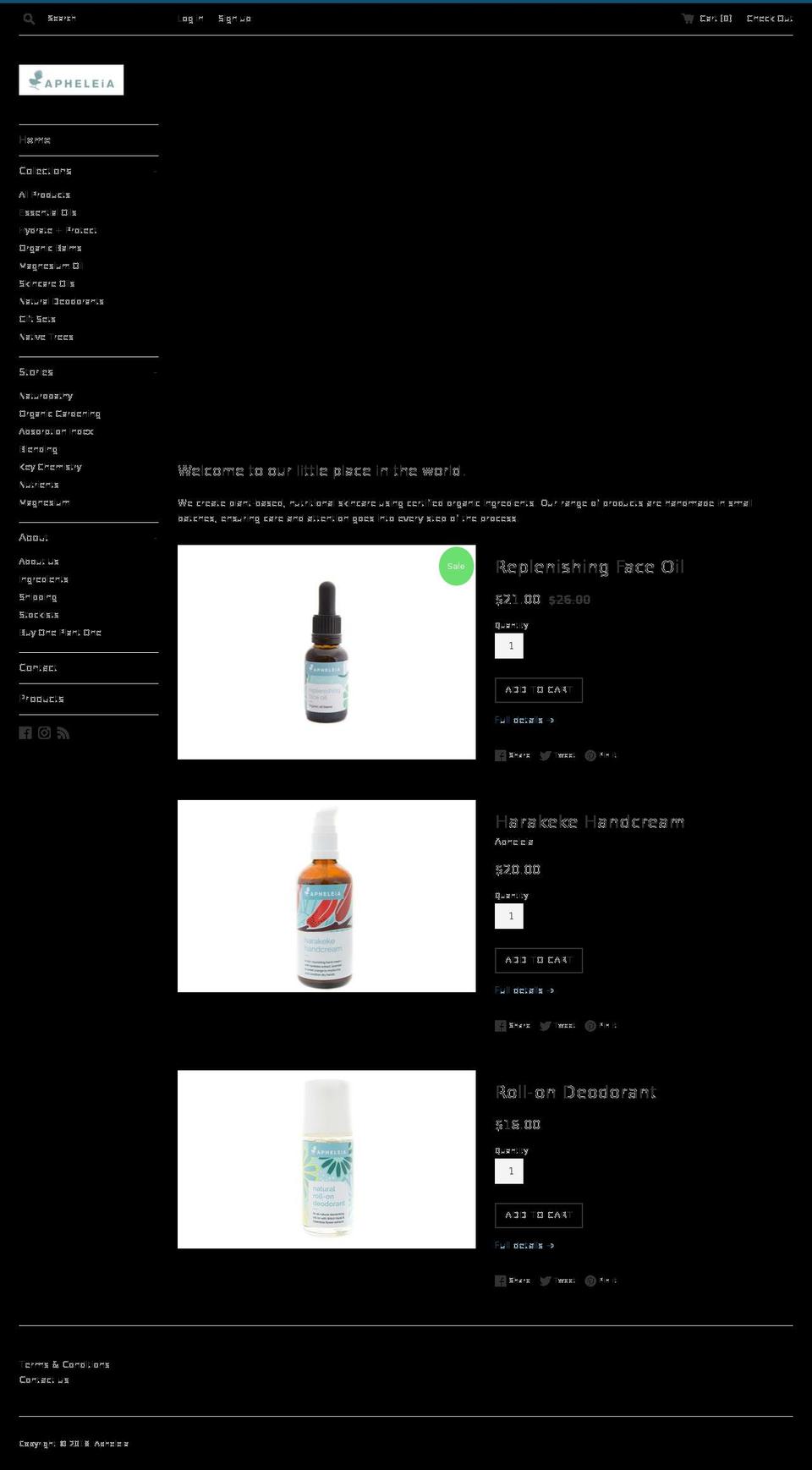 apheleia.co.nz shopify website screenshot