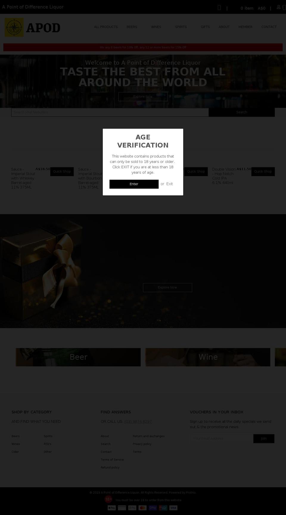 apodliquor.com.au shopify website screenshot