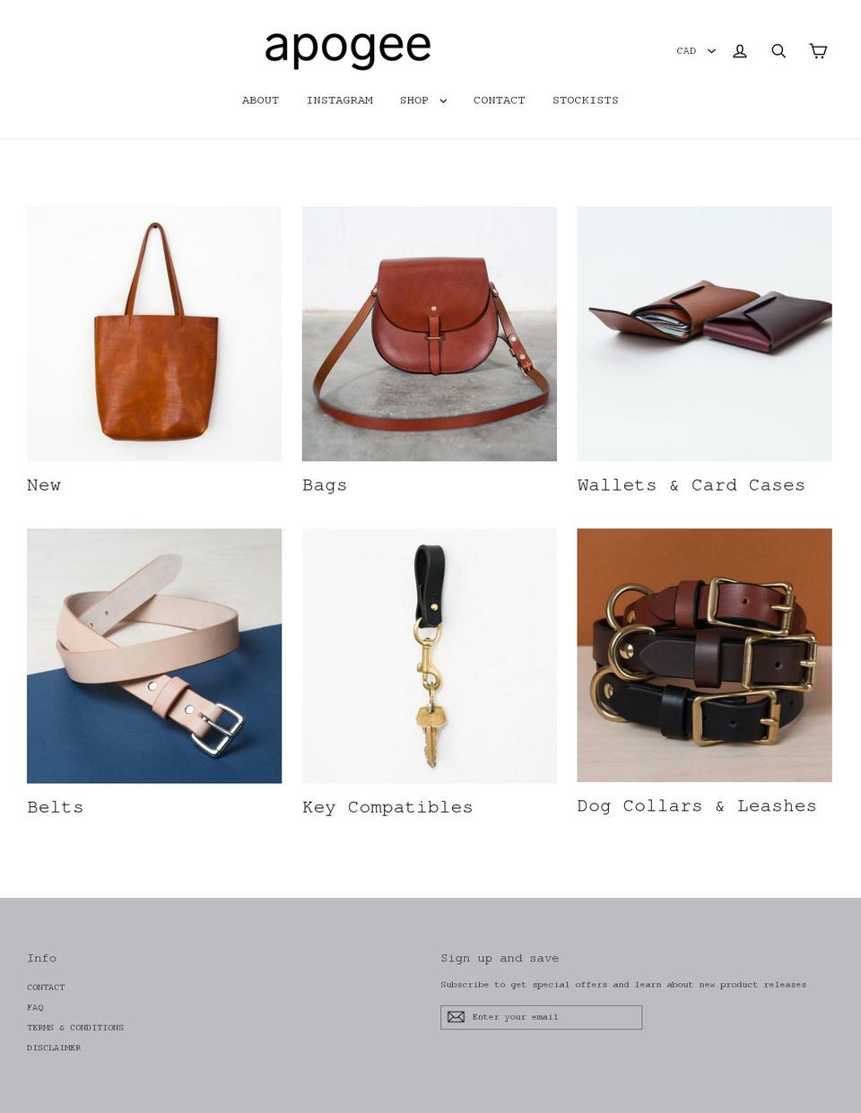 apogeeleatherandcloth.com — Shopify storefront screenshot