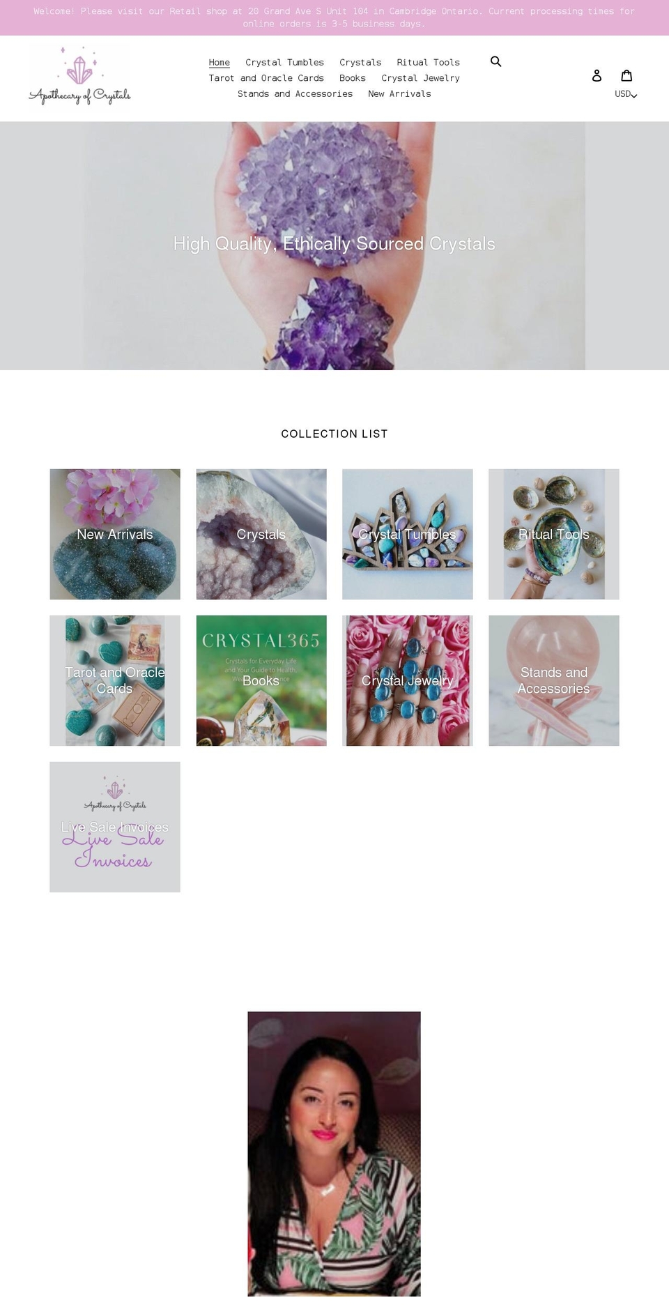 apothecaryofcrystals.com shopify website screenshot
