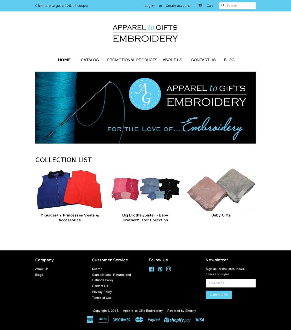 appareltogiftsembroidery.com — Shopify storefront screenshot