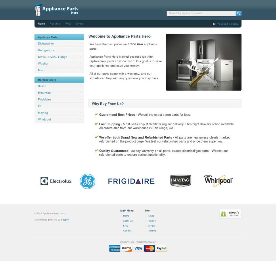 appliancepartshero.com shopify website screenshot