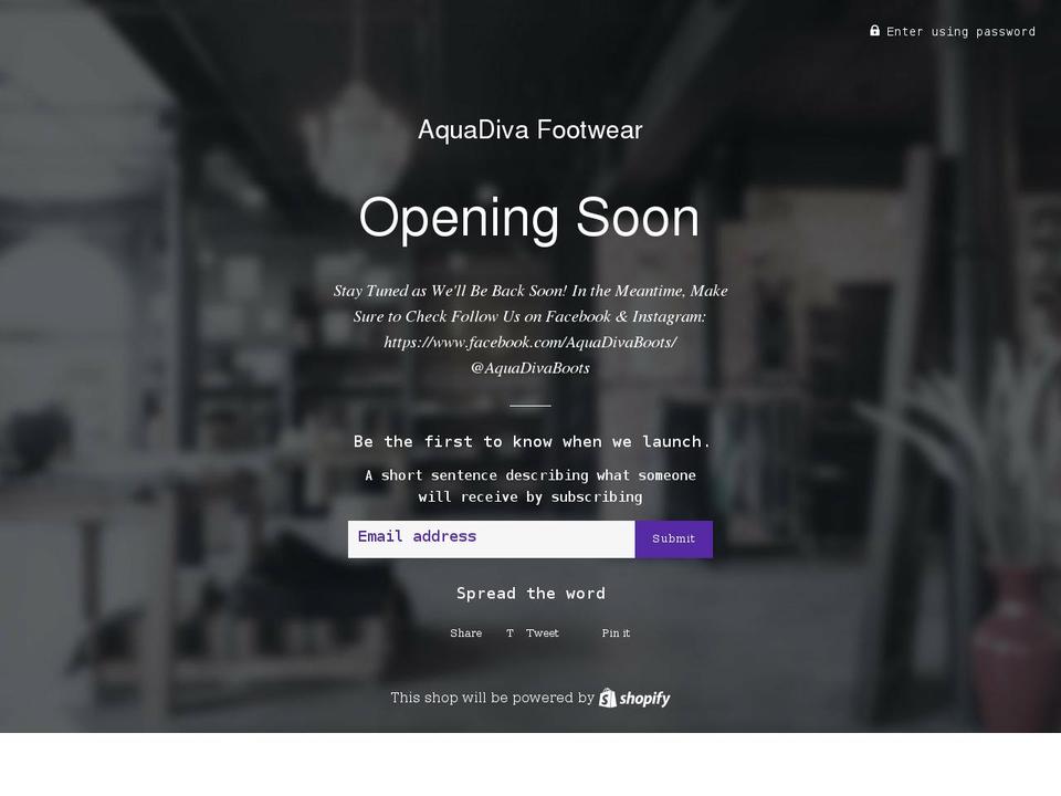 aquadivashoes.com — Shopify storefront screenshot
