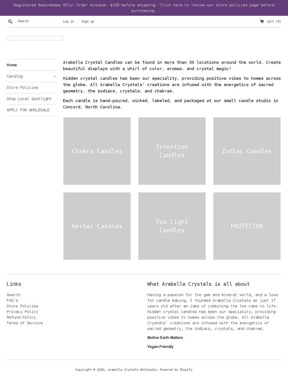 arabellacrystalswholesale.com — Shopify storefront screenshot
