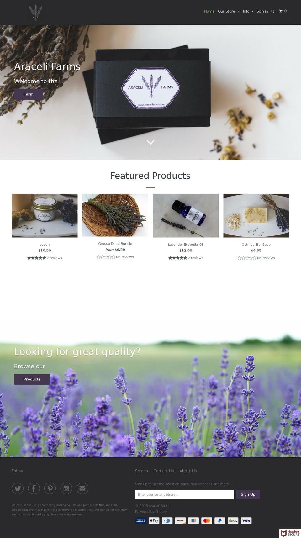 aracelifarms.com shopify website screenshot