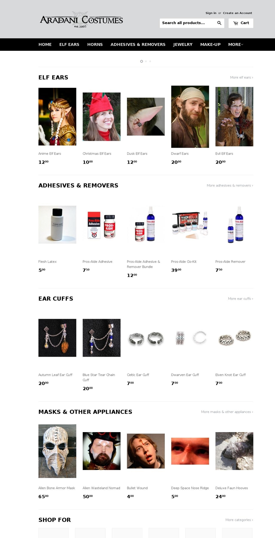 aradanicostumes.com shopify website screenshot