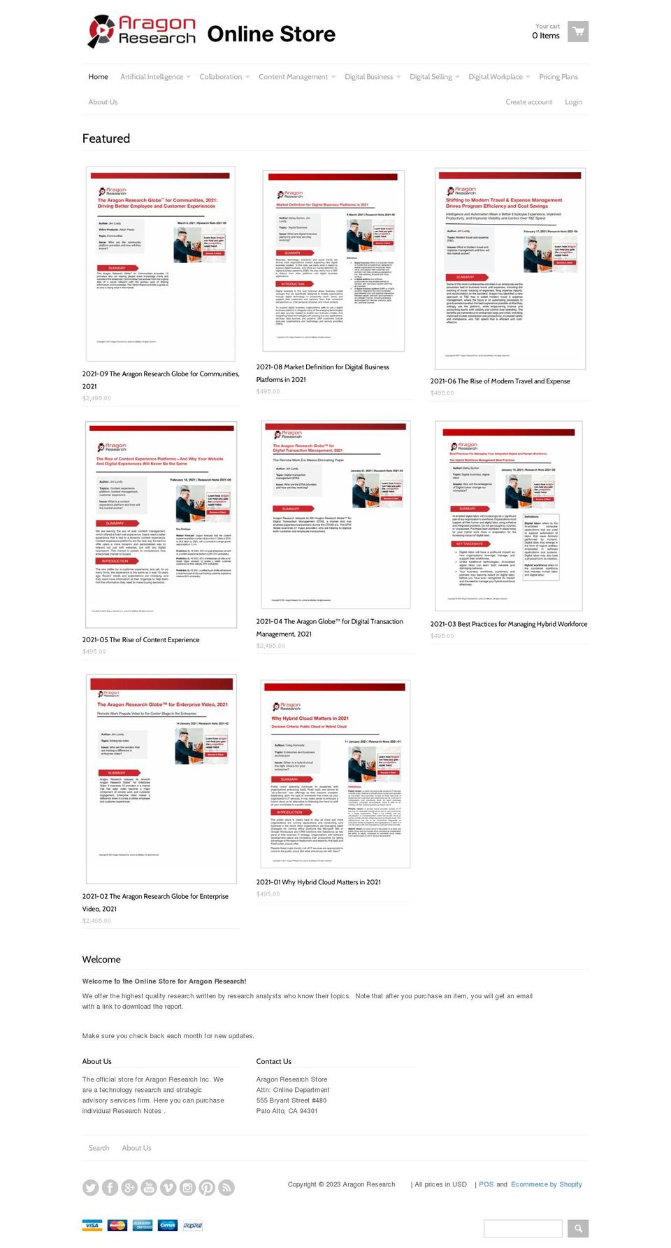 aragon-research.myshopify.com shopify website screenshot