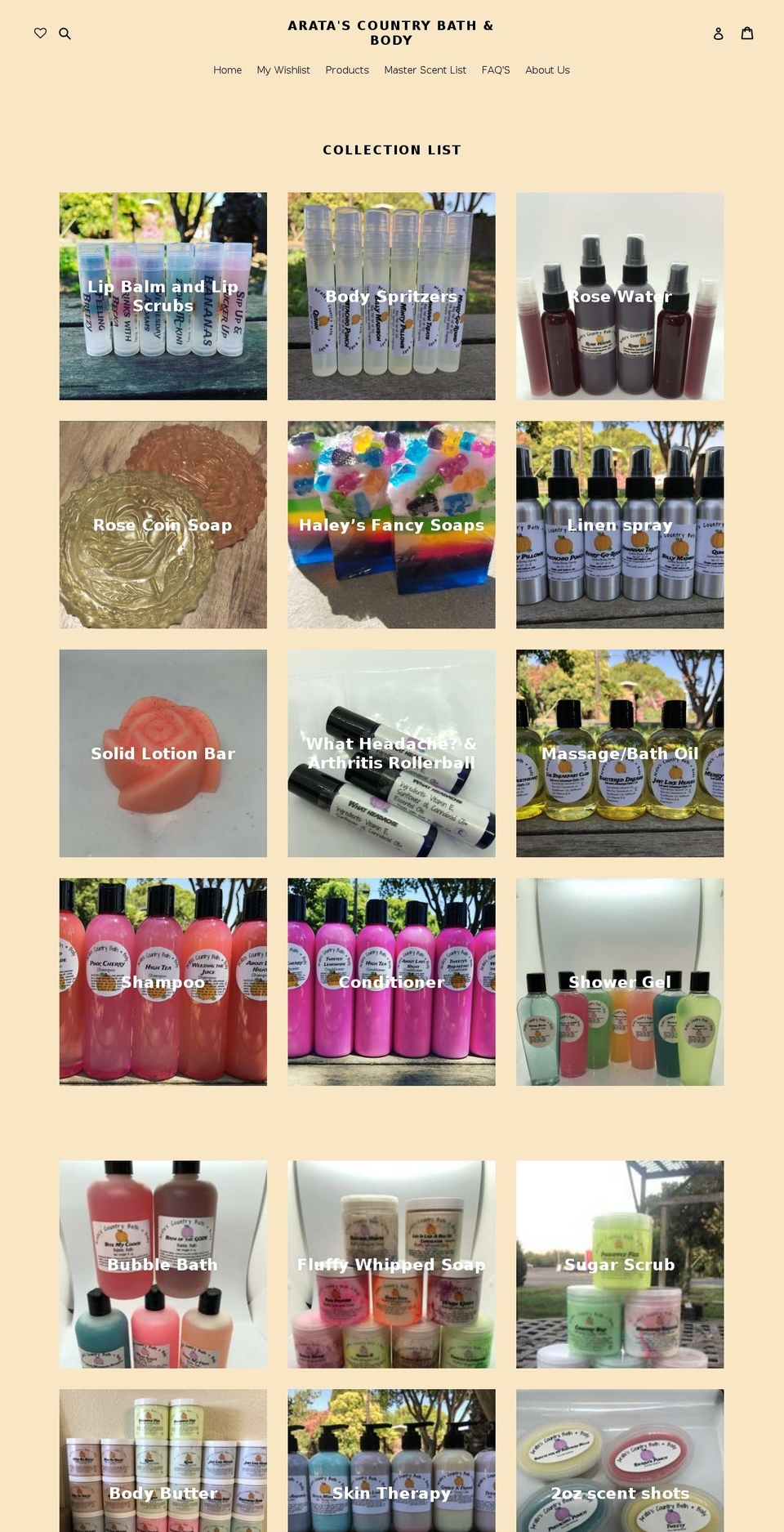 aratas-country-bath-body.myshopify.com shopify website screenshot