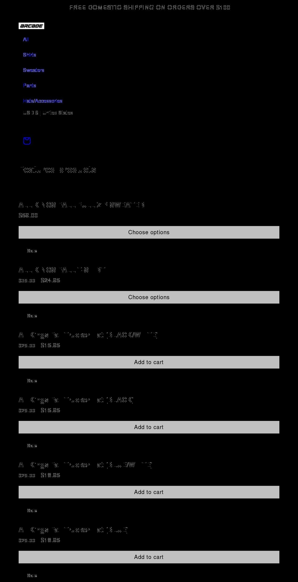 arcadeapparel.com shopify website screenshot