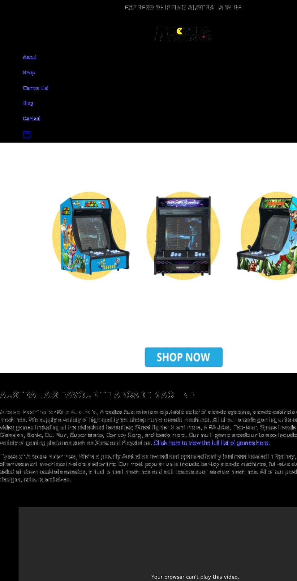 arcadesaustralia.com shopify website screenshot