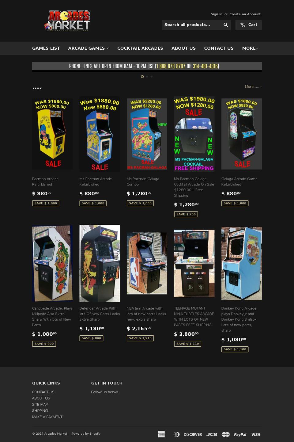 arcadesmarket.com shopify website screenshot