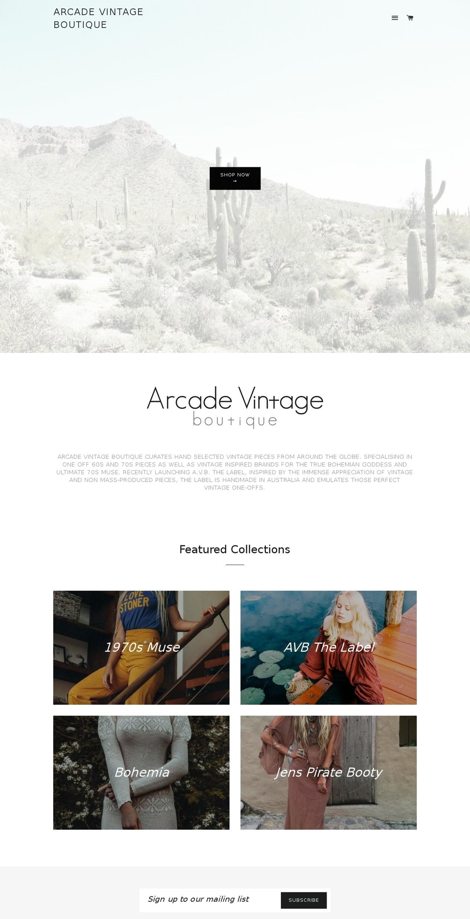 arcadevintageboutique.com shopify website screenshot