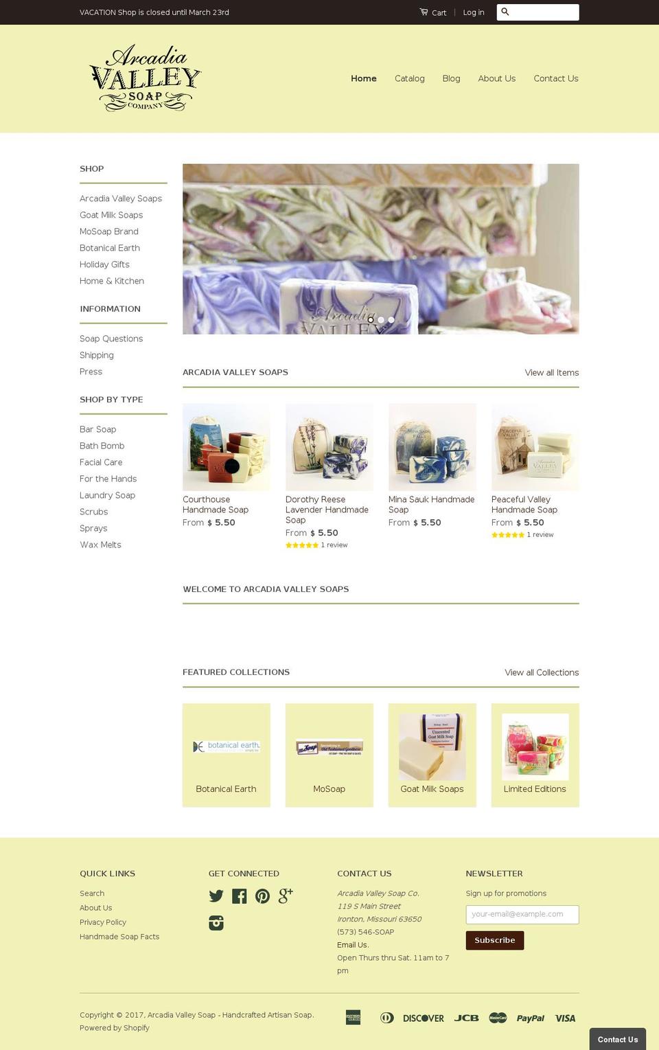 arcadiavalleysoap.com shopify website screenshot