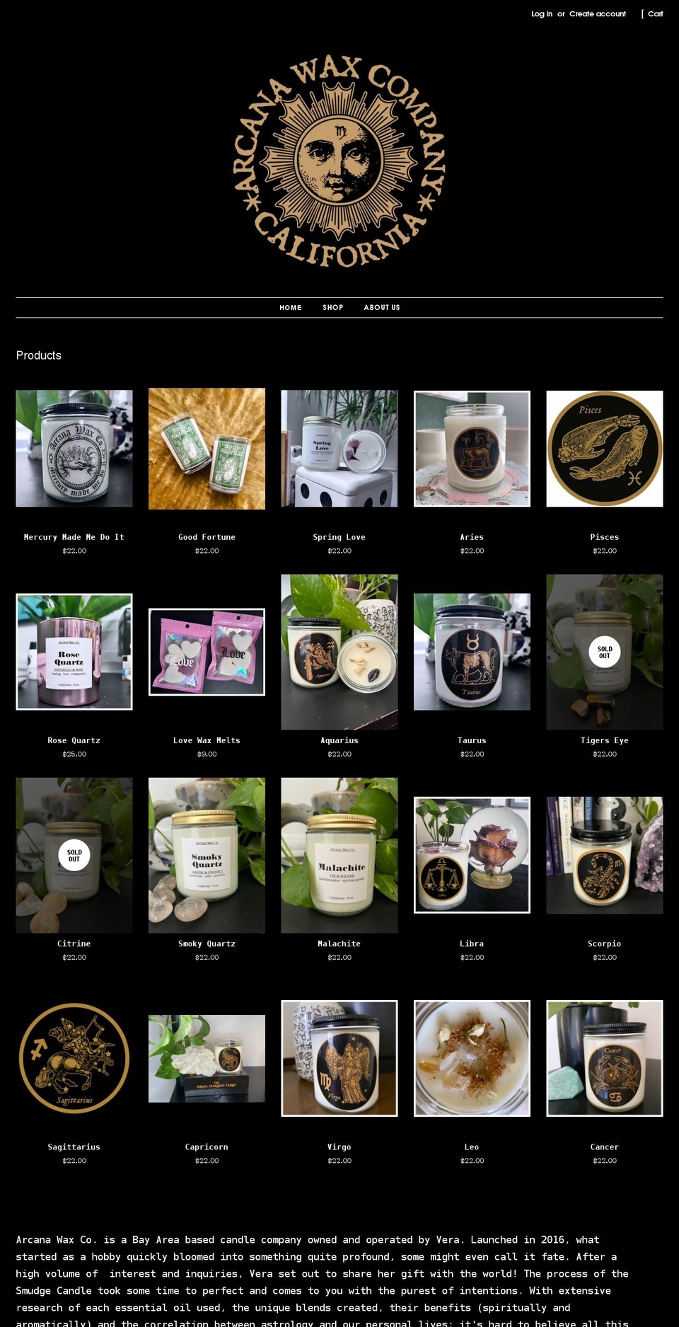 arcanawaxco.com shopify website screenshot